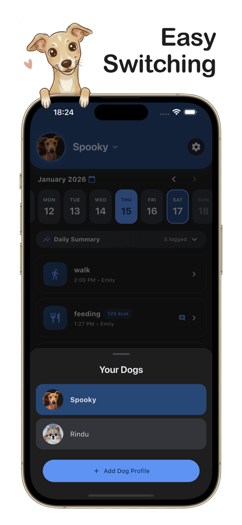 Interface of the Dog Daily app showing easy switching between multiple dog profiles and the option to add a new pet.