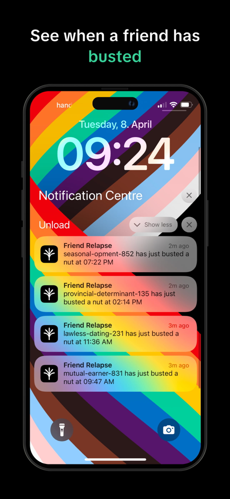 Unload: Overcome Lust with CBT - Pantalla de bloqueo del iPhone con notificaciones de la aplicación Unload mostrando recaídas de amigos para rendición de cuentas social.