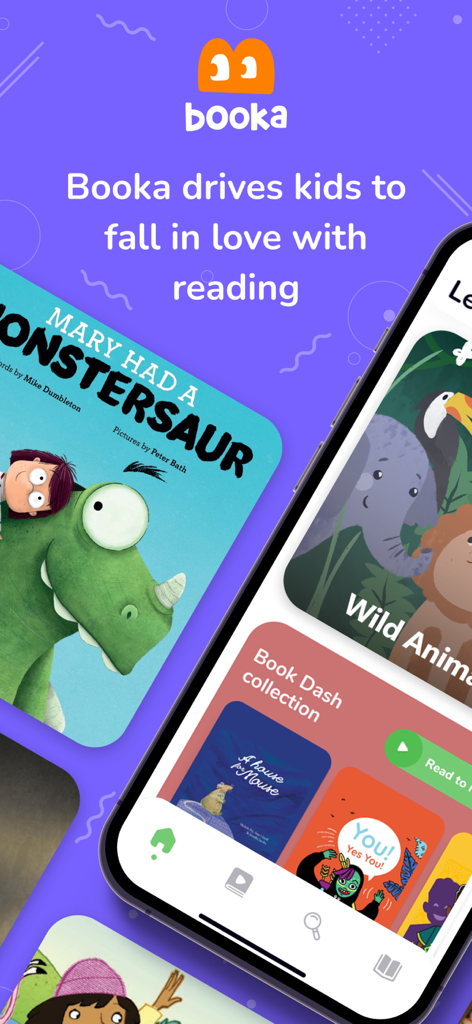 A smartphone showing the Booka app library with colorful illustrated children books and stories