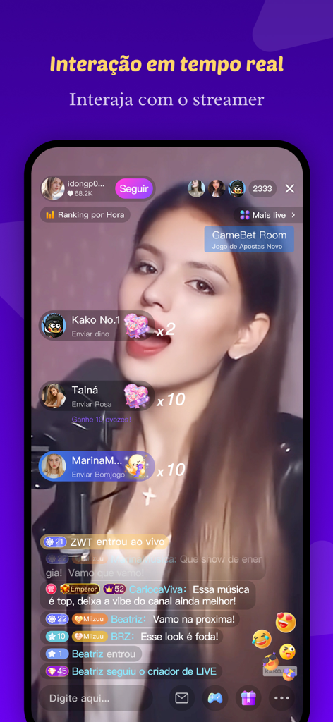 Kako: Live, Vídeo & Chat - リアルタイムチャットと仮想ギフトアニメーションを備えた女性ストリーマーを示すKakoアプリのライブビデオストリームインターフェース。