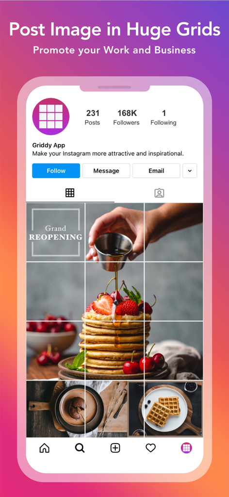 Griddy Pro: Split Pic in Grids - A large image of pancakes split into a grid layout on a professional Instagram profile.