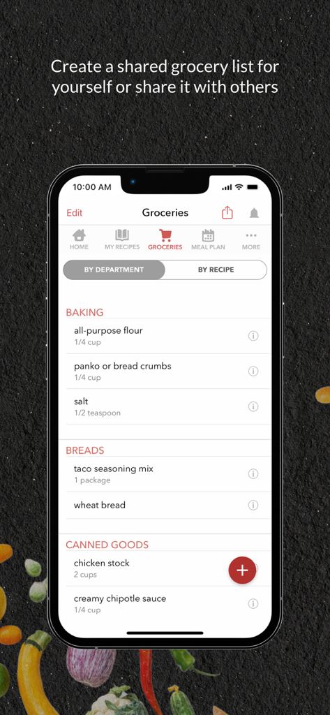 BigOven Recipes & Meal Planner - Lista de la compra de la aplicación BigOven organizada por departamento