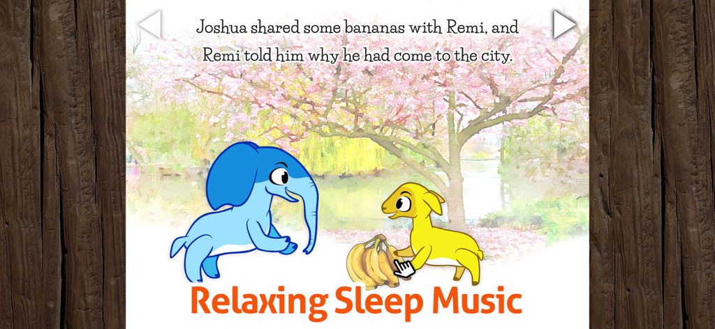 Kids Book & Reading - Remi - ピンクの花の木がある公園で、青い赤ちゃん象と黄色い子羊がバナナを共有しています。「リラックスできる睡眠音楽」というテキストがあります。