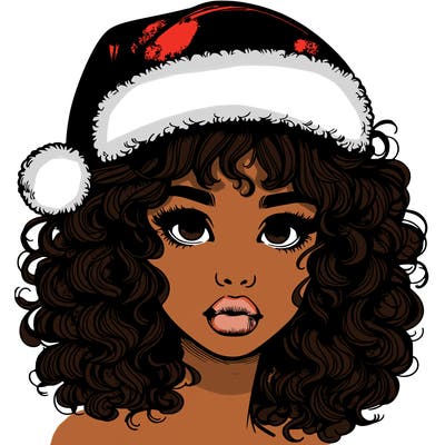 realistic girl with a santa hat curly hair and lips