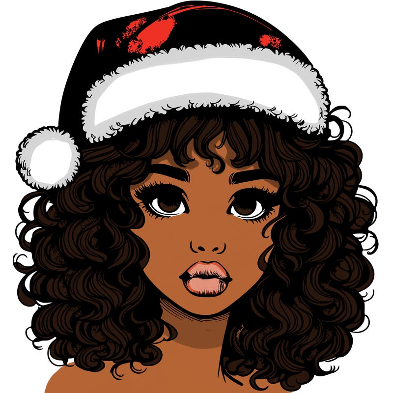 realistic girl with a santa hat curly hair and lips