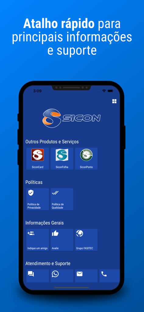 Interfaz de la app móvil Sicon que muestra atajos a servicios y soporte al cliente