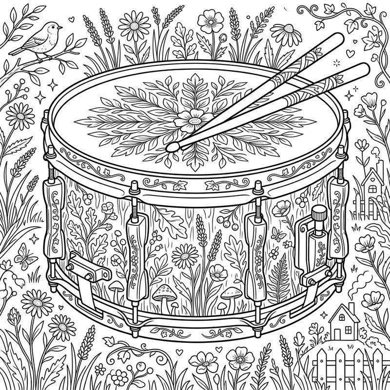 Unleash your creativity with this unique Cottagecore Snare Drum coloring page, blending musical artistry with rustic charm. Explore intricate floral patterns, woodland elements, and cozy details perfect for a relaxing coloring session.