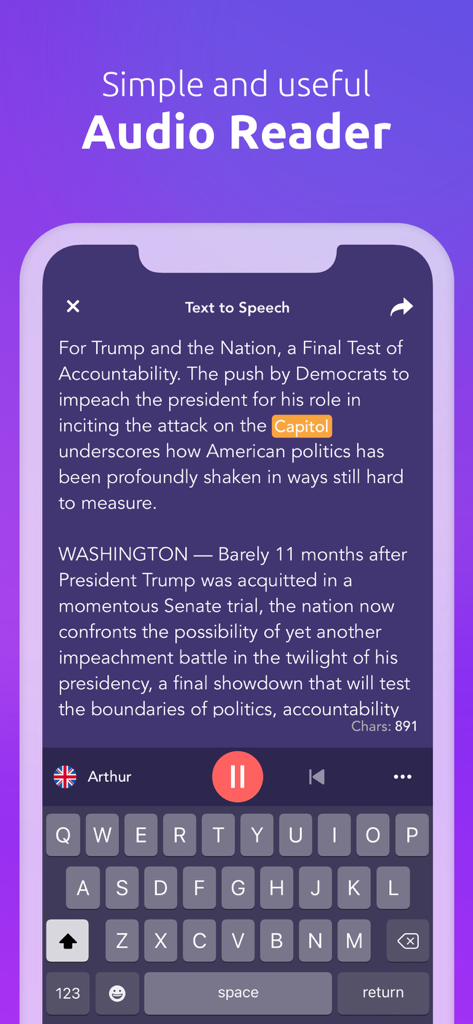 Text To Speech: Natural Voices - Mobile app interface showing text to speech functionality with highlighted words and audio playback controls
