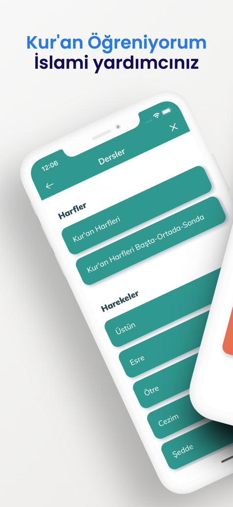 Learning Quran - Learning Quran mobile app interface showing a list of lessons for Arabic letters and vowel marks in Turkish.