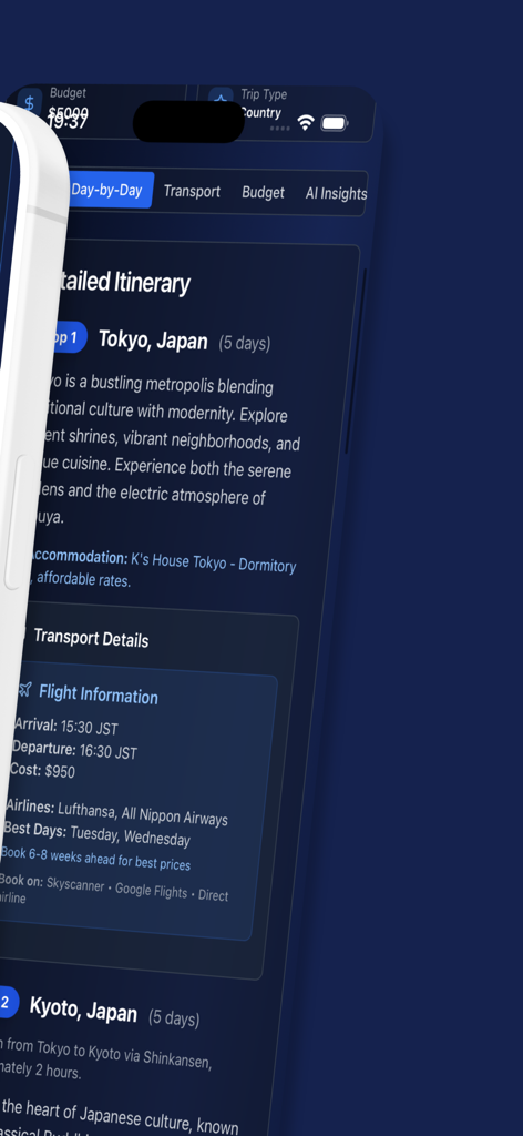 Travel AI app screen showing a detailed itinerary for Tokyo Japan with flight and transport info