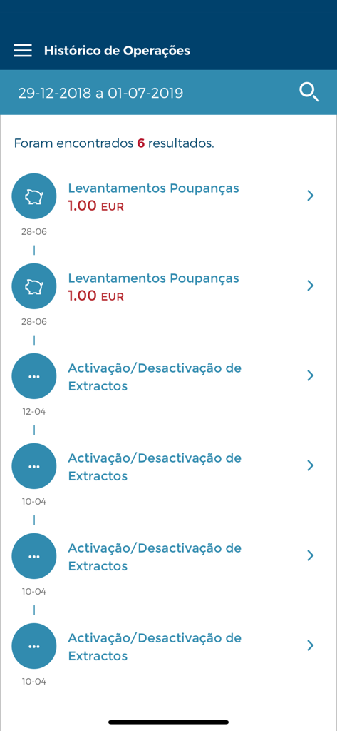netCEM - Una captura de pantalla de la aplicación netCEM que muestra el historial de operaciones con una lista de transacciones que incluyen retiros de ahorros y activaciones de extractos.