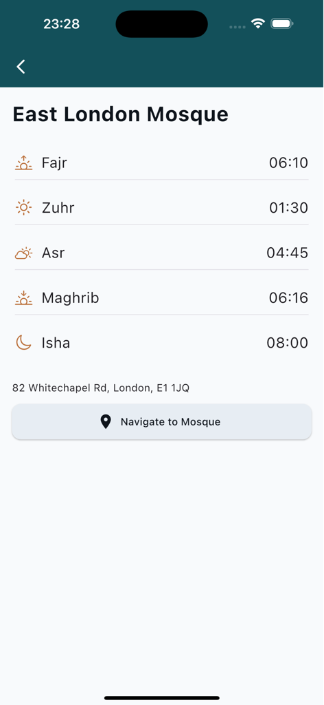 Tower Hamlets Mosques - Daily prayer times for East London Mosque including Fajr Zuhr Asr Maghrib and Isha with a navigation button.