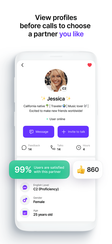 Speak Pal・Talk & Learn English - Speak Pal app interface displaying a user profile with interests, English proficiency level, and community ratings.
