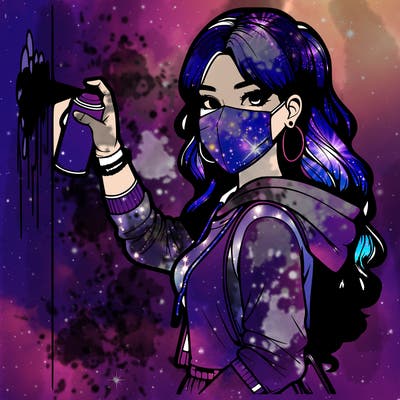 realistic girl with mask spray painting a wall