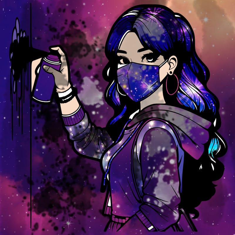 realistic girl with mask spray painting a wall