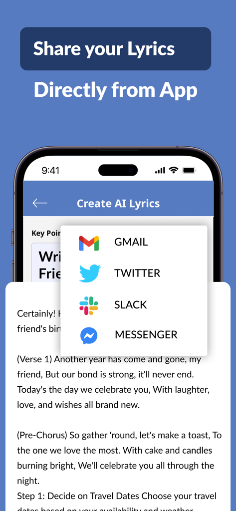 AI Lyrics Generator-Song Maker - TwitterやMessengerなどのソーシャルプラットフォームにAI生成された歌詞を共有するためのオプションを示すアプリ画面