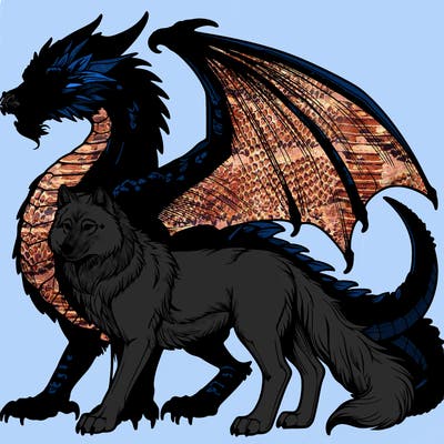 realistic detailed wild dragon and wolf