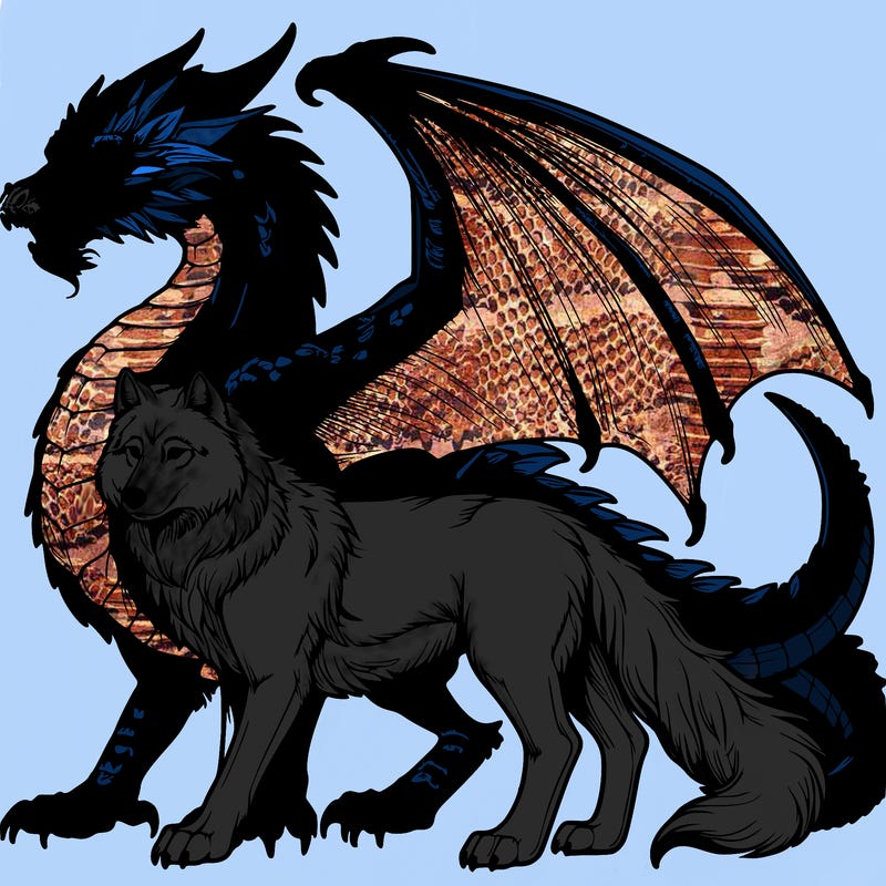realistic detailed wild dragon and wolf