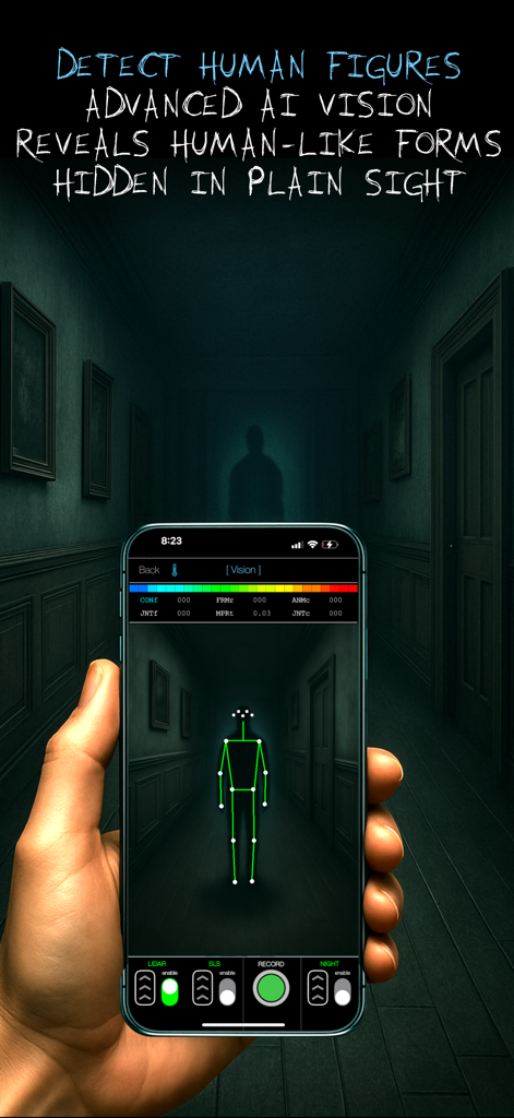 Smartphone displaying Ghost Science M3 AI Vision tool detecting a green stick figure in a dark corridor