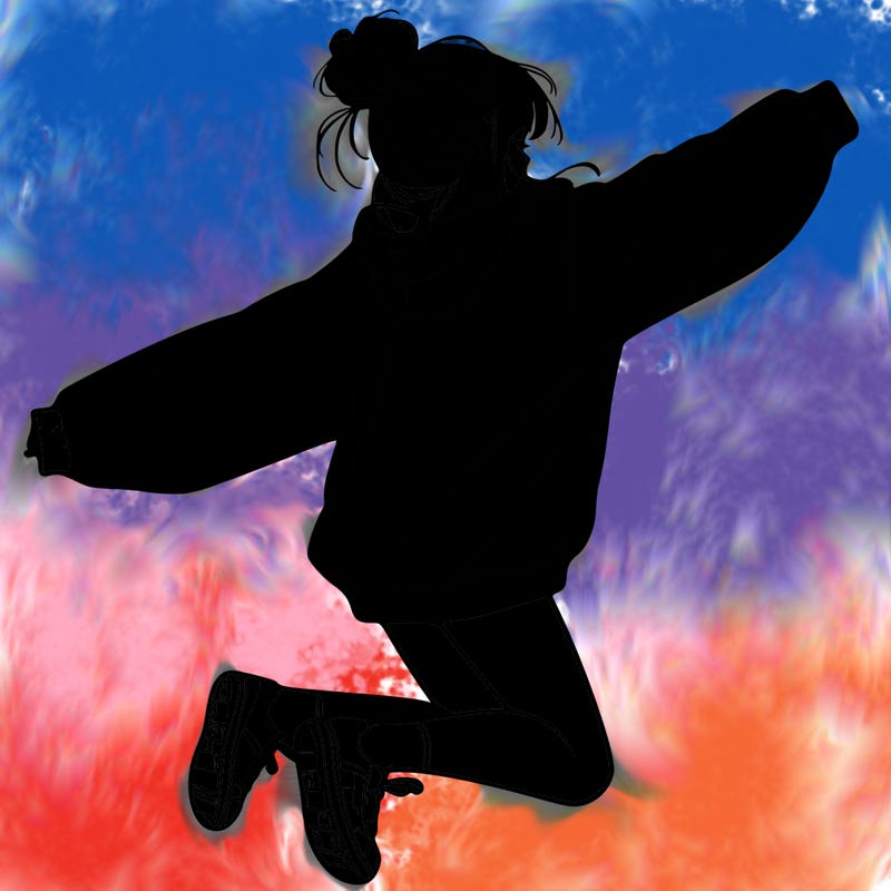 realistic girl jumping with a bun and oversized sweatshirt