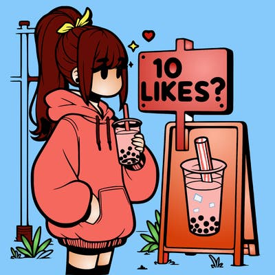girl with oversized hoodie drinking boba and she has a high ponytail with a sign that says 10likes?