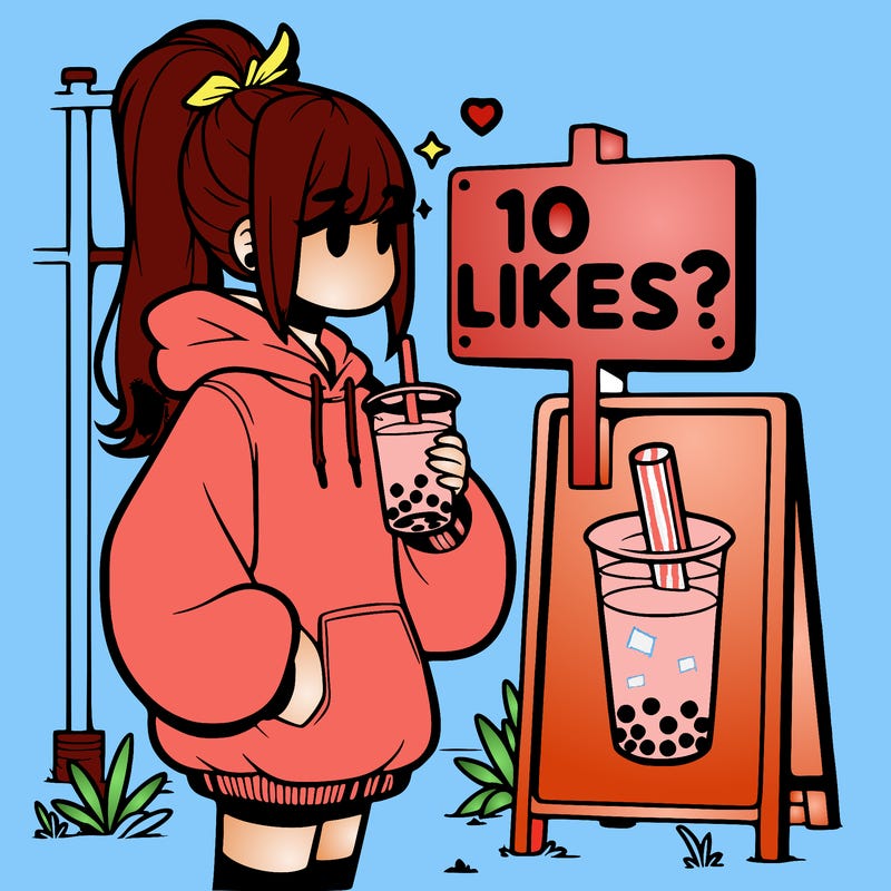 girl with oversized hoodie drinking boba and she has a high ponytail with a sign that says 10likes?