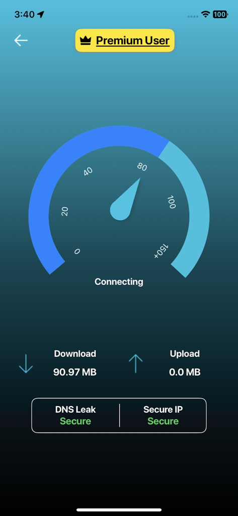 GamingVPN mobile app interface showing a speedometer while connecting with download stats and security status indicators