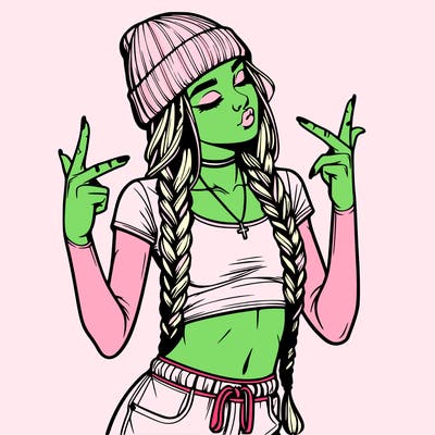 realistic teenage girl with braids and a beanie and crop top doing 🫶🏼