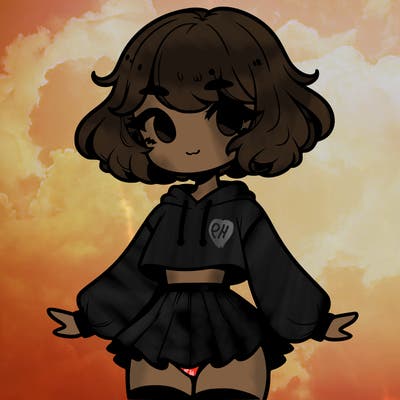 cute femboy with short, fluffy hair that softly frames their face, wearing a cropped hoodie, paired with a flouncy short skirt, and thigh-high stockings