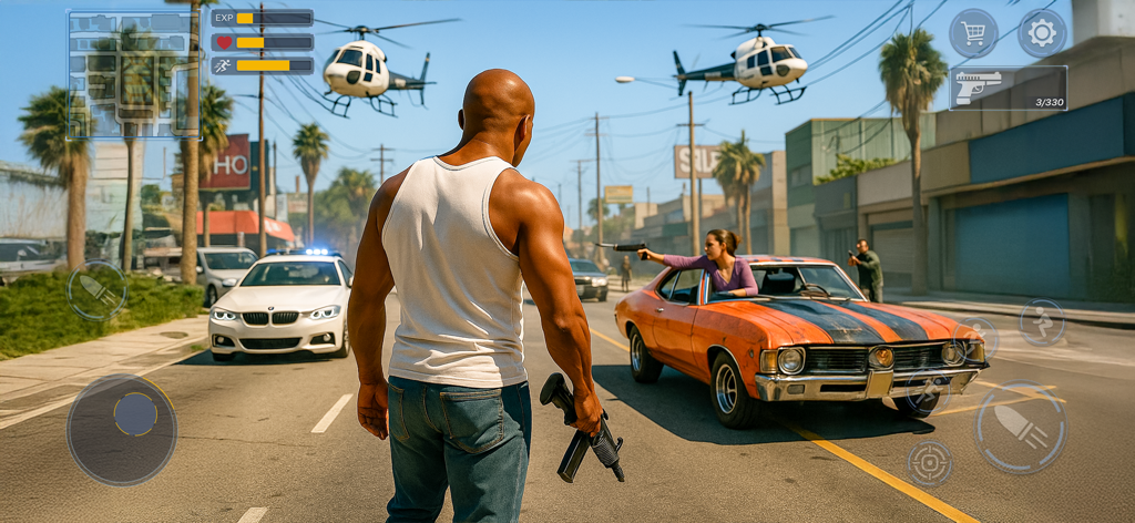 Captura de tela da jogabilidade mostrando um personagem com uma arma em uma rua urbana enfrentando carros de polícia e helicópteros