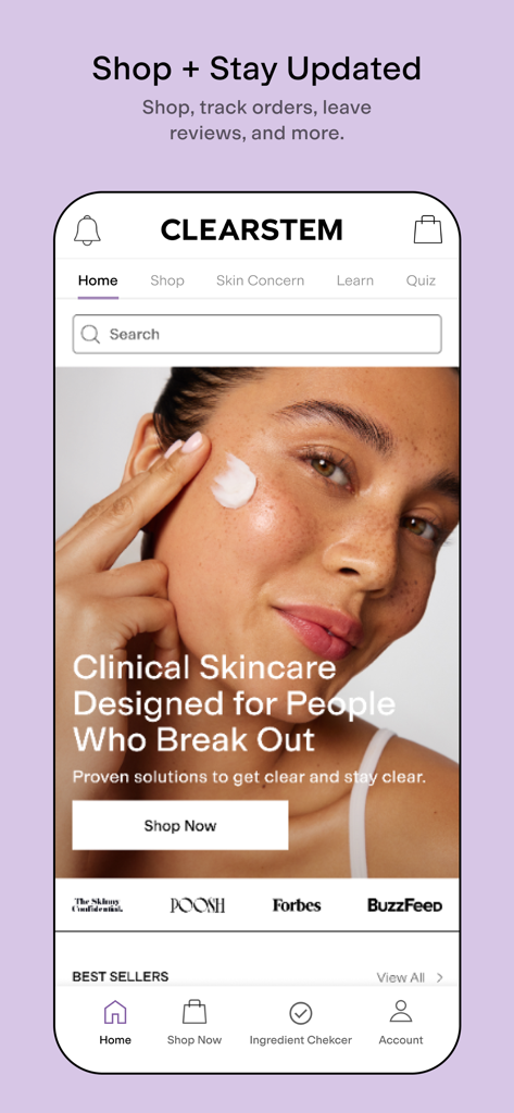 CLEARSTEM - CLEARSTEM mobile app home screen showing clinical skincare for people who break out and navigation for ingredient checker