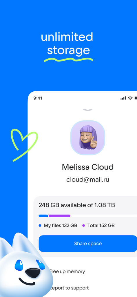 Interface of the Cloud app showing a user profile with storage capacity of over one terabyte and a share space option.