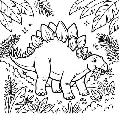 Watch a happy Stegosaurus enjoy its favorite plant-based meal in this delightful coloring page designed for kids. Perfect for young paleontologists, this template combines fun with learning about dinosaur diets.