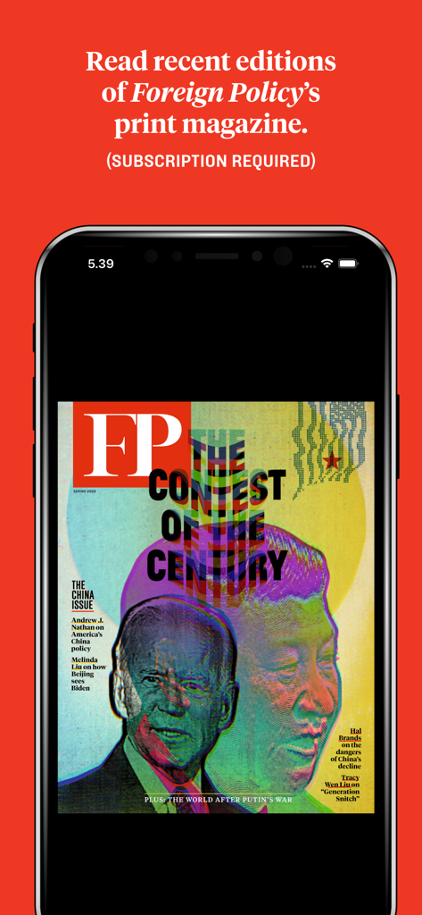 Foreign Policy News & Analysis - Foreign Policy app screenshot showing a digital copy of the print magazine titled The China Issue with Joe Biden and Xi Jinping on the cover.