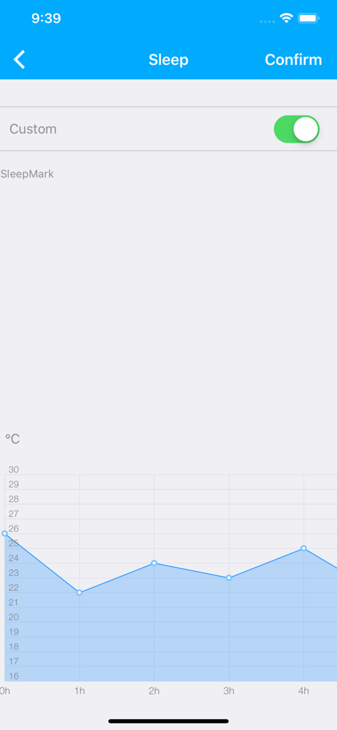 Midea Air app interface showing a customizable temperature sleep curve graph