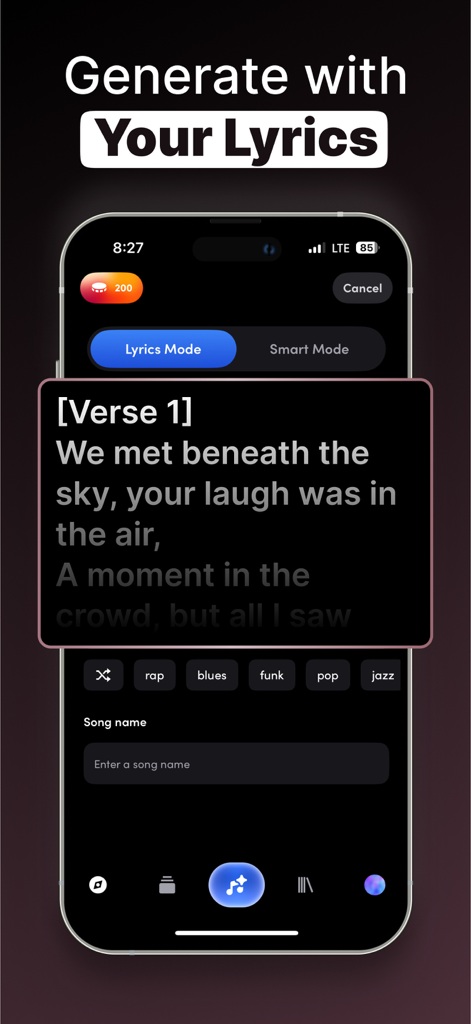 AI Song Generator - Zona - Interface of Zona AI song generator app showing the lyrics input mode with various musical genres like pop and rap