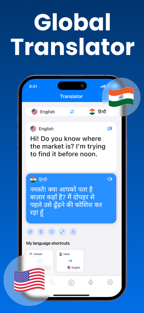 AI Voice Translator: Translate - Aplicativo Tradutor de Voz IA mostrando uma conversa traduzida de inglês para hindi