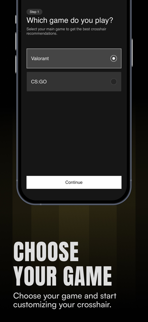 Mobile app screen for selecting between Valorant and CS GO to receive custom crosshair recommendations