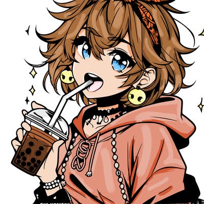 hot baddie anime girl drinking boba and biting the straw