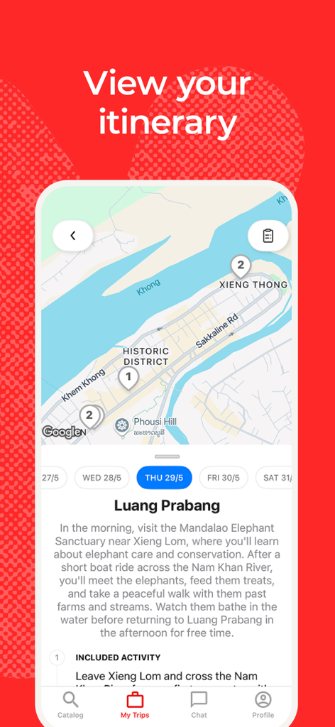 Intrepid app interface showing a travel itinerary with a map view of Luang Prabang and activity descriptions