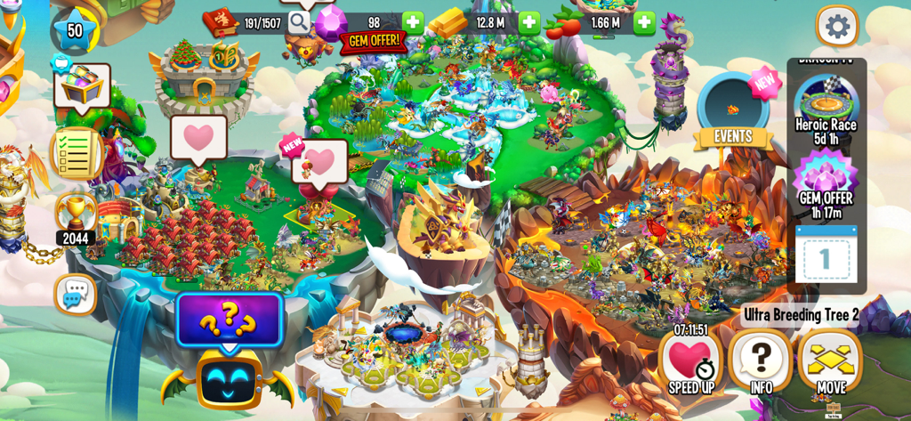 Dragon City: Battle Adventure! - Vista general de hábitats de dragones en islas flotantes en Dragon City