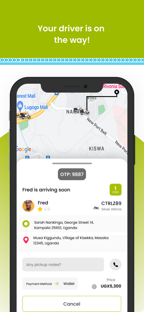 Union: Request a Ride - Una captura de pantalla de la aplicación Union que muestra el estado de llegada del conductor, el mapa y los detalles del viaje.