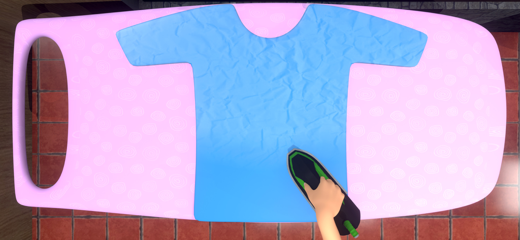 Laundry Games Pressure Washing - Vista desde arriba de alguien planchando una camisa azul arrugada sobre una tabla de planchar rosa con patrones en un juego de simulación de lavandería.