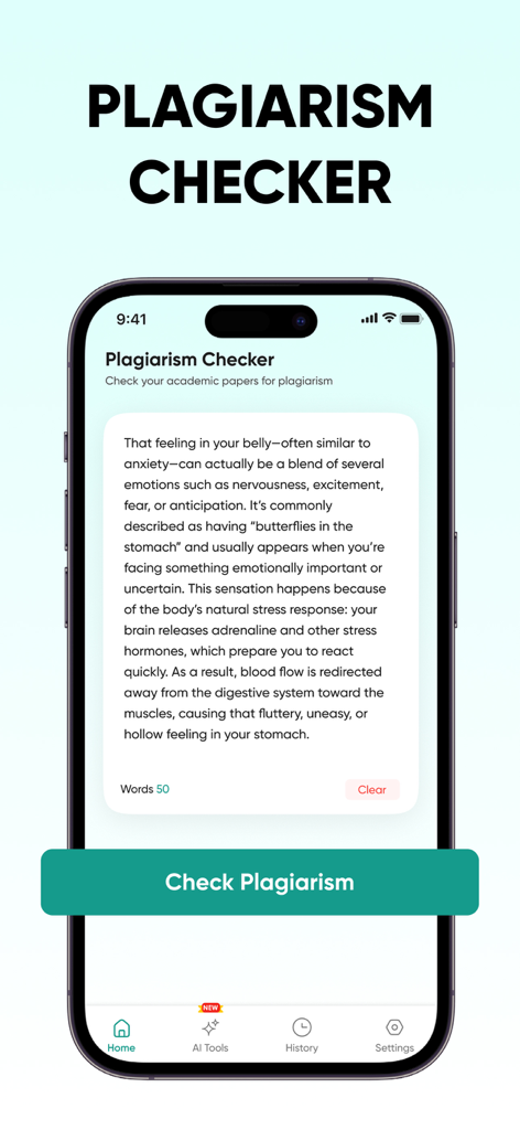 Plagiarism Checker | Detect AI - Plagiarism Checker app interface showing a text analysis tool for academic papers with a scan button