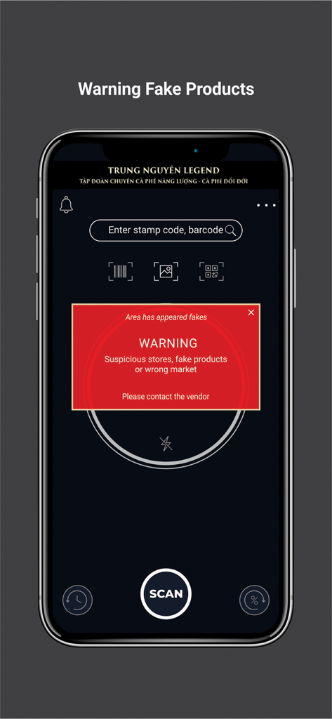 Smartphone screen showing the Vietcheck app with a red warning notification for fake products and suspicious stores.