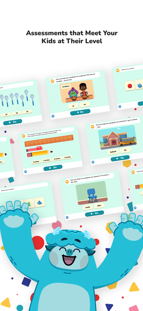 Yeti Confetti Kids - Educational assessment screens from the Yeti Confetti Kids app featuring math and language games for children