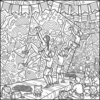 Celebrate strength, community, and diversity with this vibrant bouldering climbers coloring page, specially designed for Pride Month. Discover a dynamic scene filled with climbers, supportive friends, and joyful Pride symbols waiting for your creative touch.