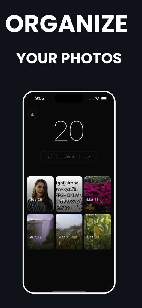 Photo Delete Swipe: Cleaner - Captura de pantalla de iPhone de la aplicación Cleany mostrando una interfaz de galería limpia para organizar fotos por fecha.