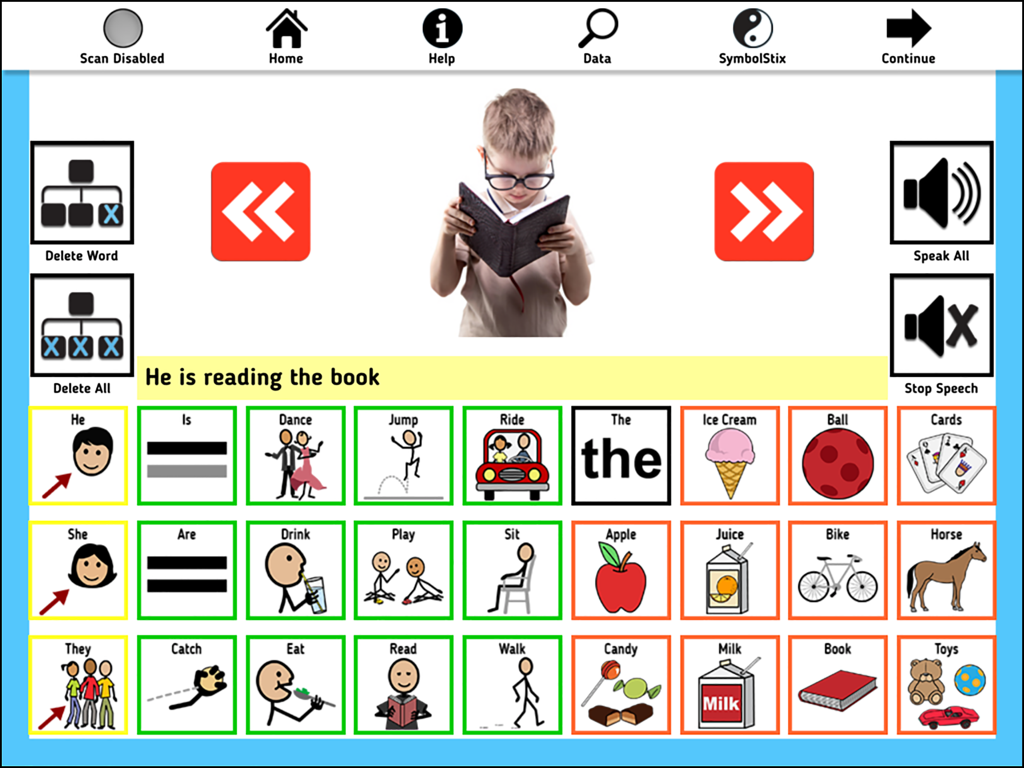 AAC Evaluation Genie - AAC Evaluation Genie picture description screen showing communication symbols and a boy reading a book