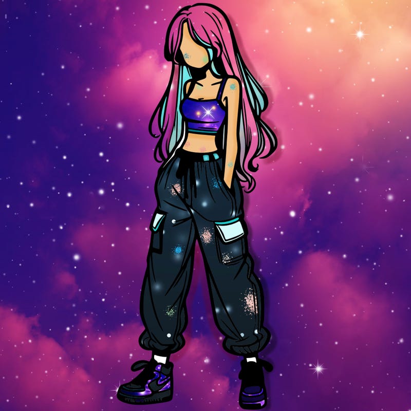 girl in baggy pants crop top and long hair